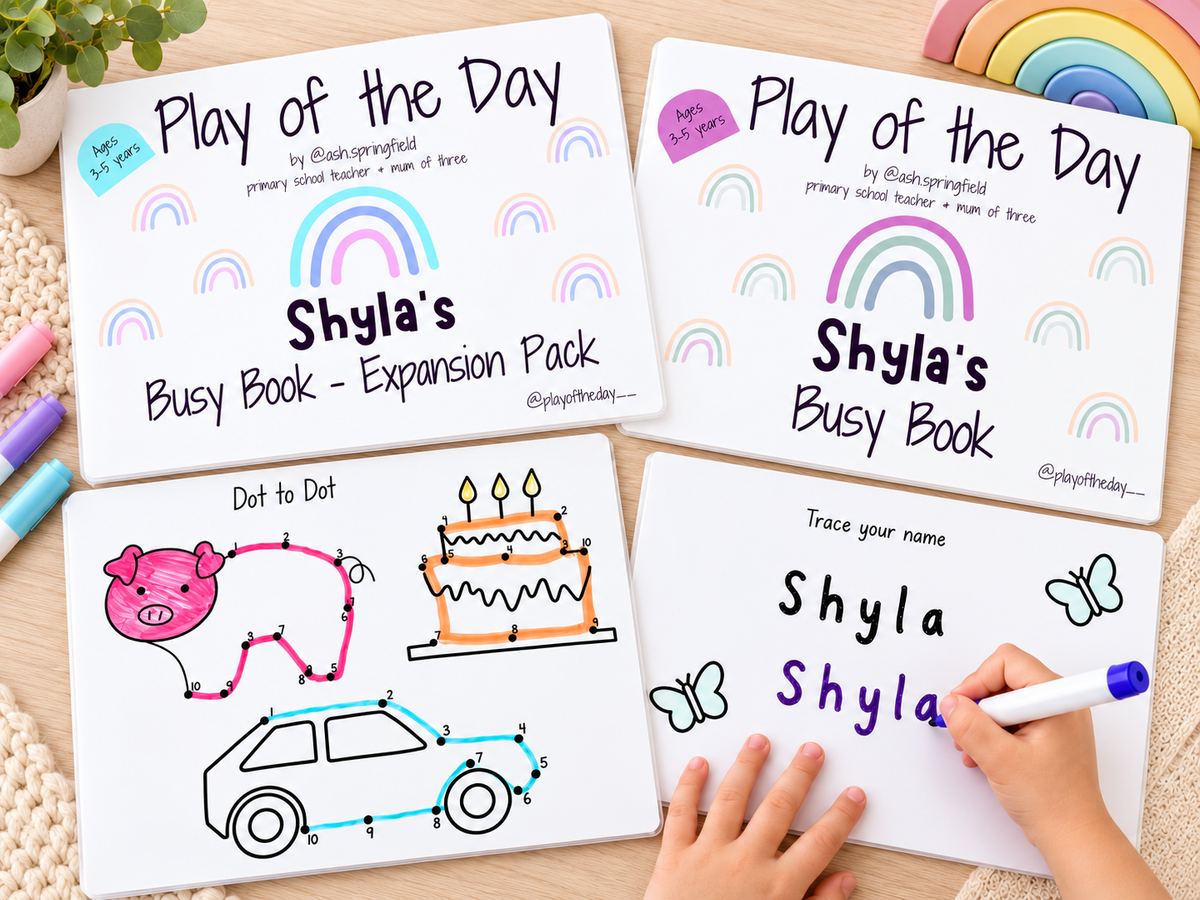 Personalised Busy Book and Expansion Pack with name tracing and dot-to-dot pages
