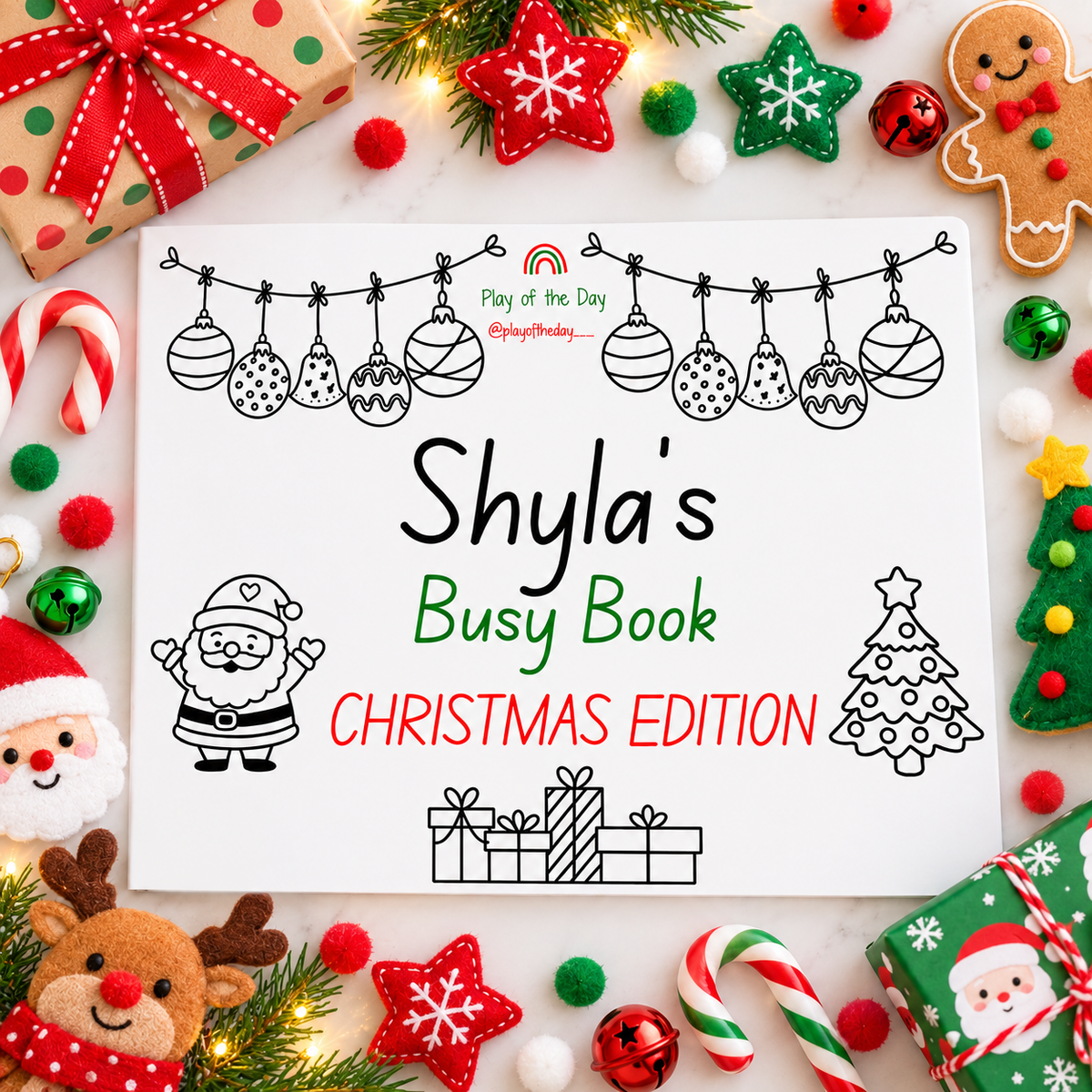 Personalised Christmas Busy Book, Christmas Edition, with Santa, baubles, presents and a Christmas tree to colour in